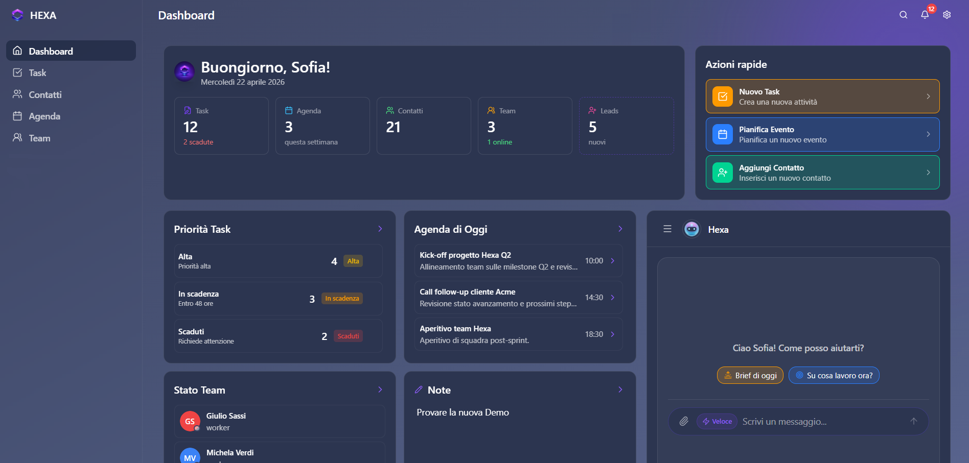 Dashboard Hexa in tema scuro