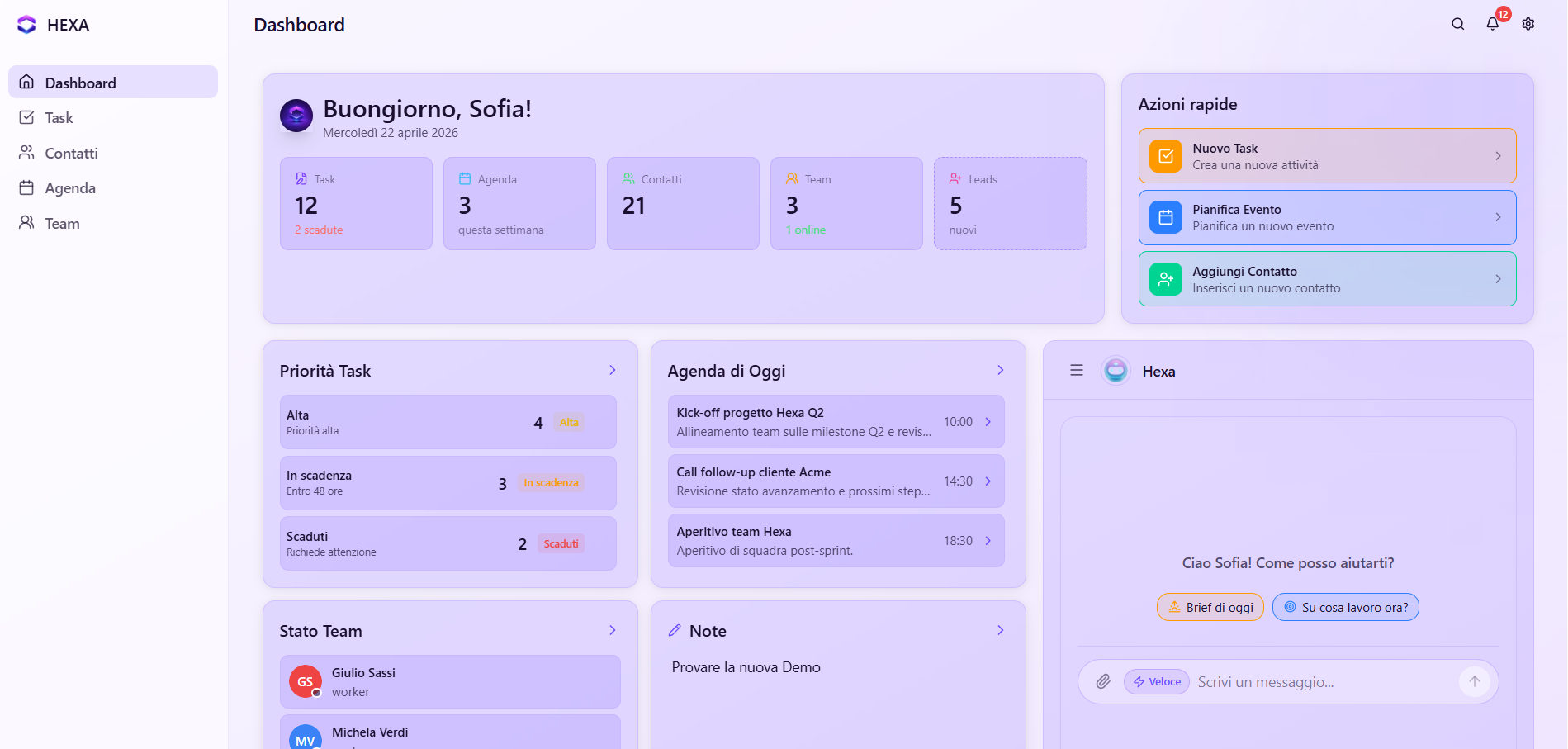 Dashboard Hexa in tema chiaro